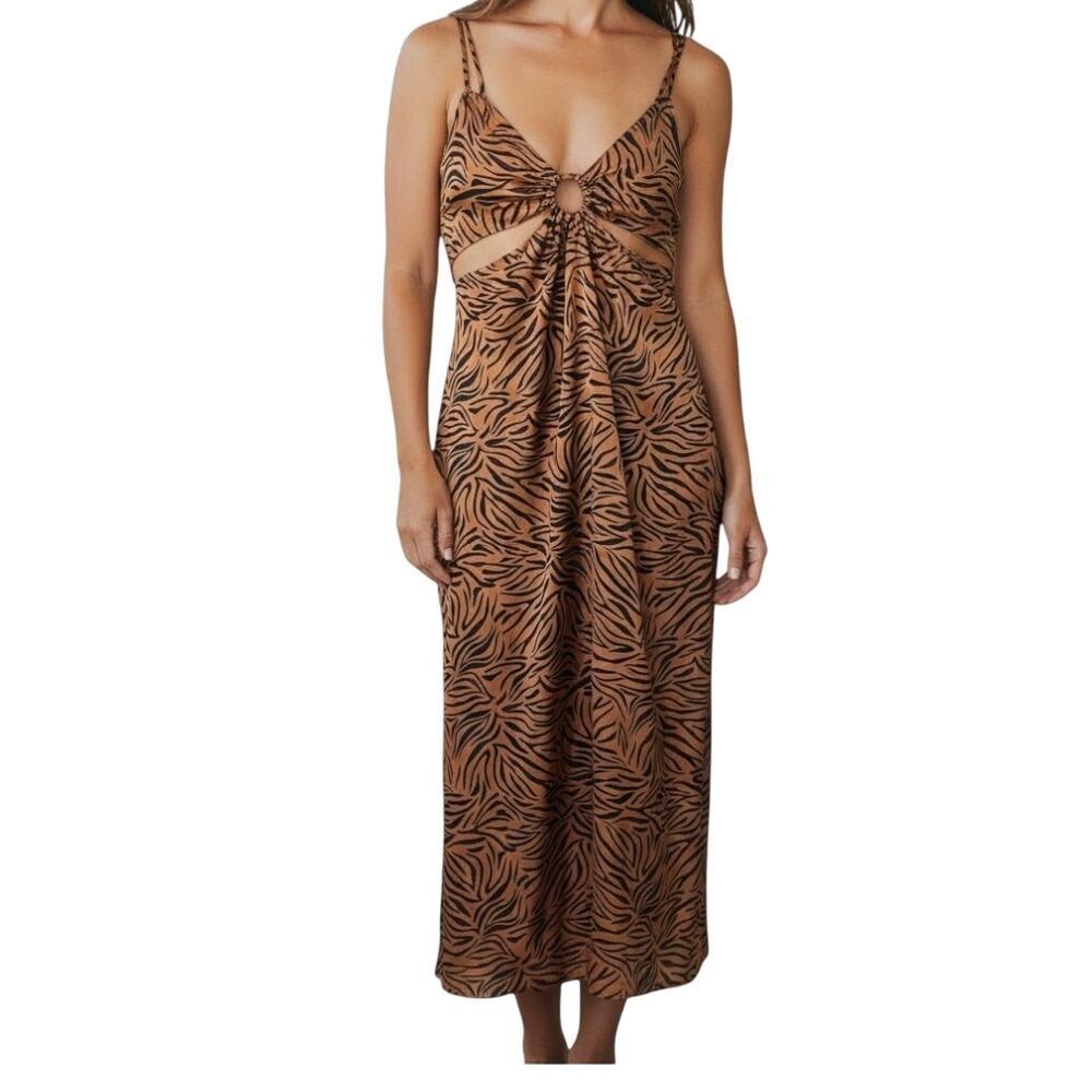 ✨ ZARA Animal Print Cutout Midi Dress M Leopard Tortoise Ring EUC 🐆